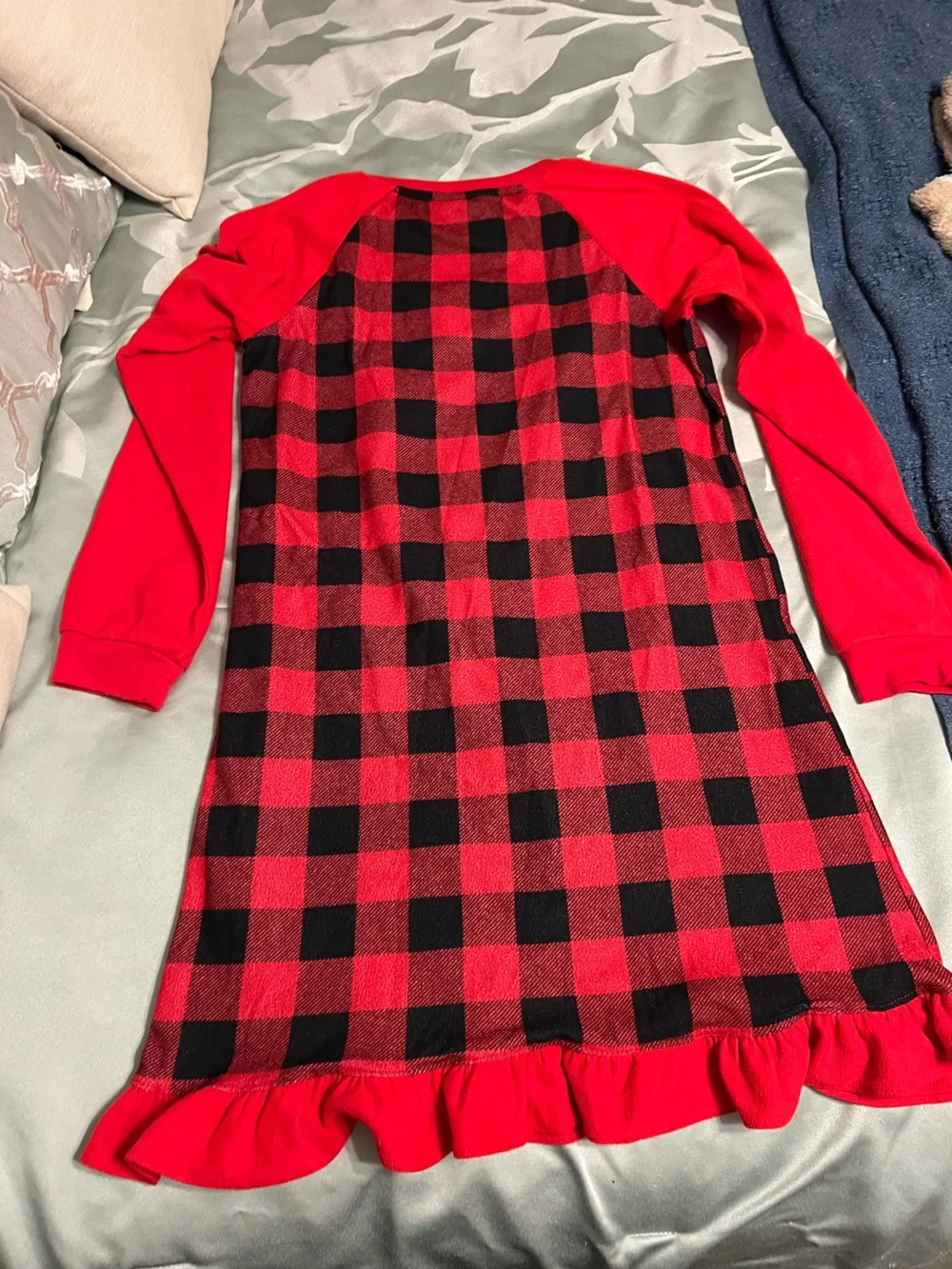 Cuddl Duds Girls XL fleece Red and Black Buffalo Plaid KidsNightgown with Bear